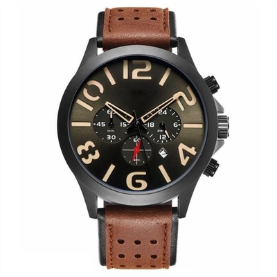 Pin Buckle Triple Date Calendar mira los relojes para hombre del cronógrafo de la correa de cuero