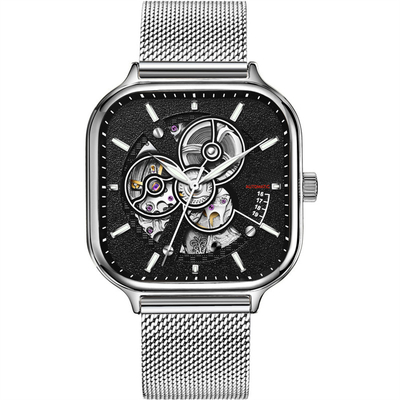 Correa de acero inoxidable Sapphire Mirror del reloj esquelético cuadrado para hombre automático