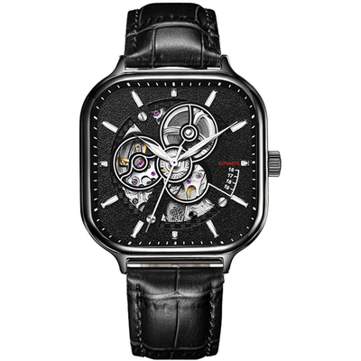 Correa de acero inoxidable Sapphire Mirror del reloj esquelético cuadrado para hombre automático