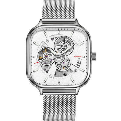Correa de acero inoxidable Sapphire Mirror del reloj esquelético cuadrado para hombre automático