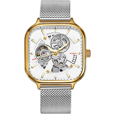Correa de acero inoxidable Sapphire Mirror del reloj esquelético cuadrado para hombre automático