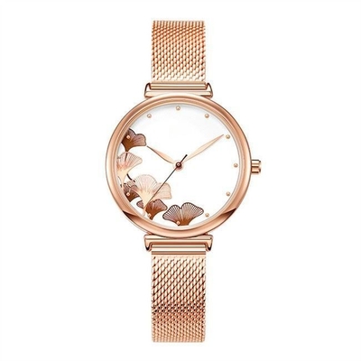 Impresión simétrica en abanico personalizada para mujer del Ginkgo del reloj de la prenda impermeable 3ATM