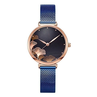 Impresión simétrica en abanico personalizada para mujer del Ginkgo del reloj de la prenda impermeable 3ATM
