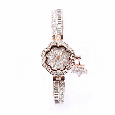 Pulsera llena del temperamento de la moda del diamante artificial del reloj del cuarzo de las mujeres del dial del pétalo