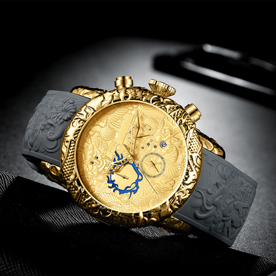 Cuarzo análogo 3D Dragon Design Frog Tape de la fecha de la prenda impermeable del cronógrafo del reloj de los hombres grandes del dial