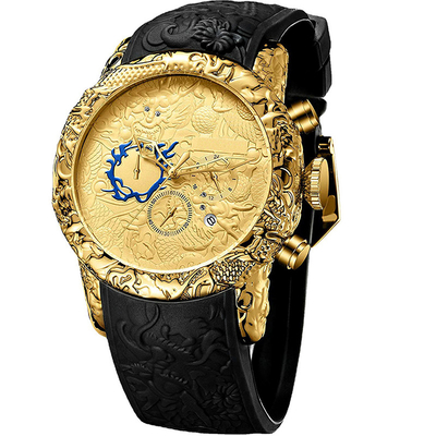 Cuarzo análogo 3D Dragon Design Frog Tape de la fecha de la prenda impermeable del cronógrafo del reloj de los hombres grandes del dial