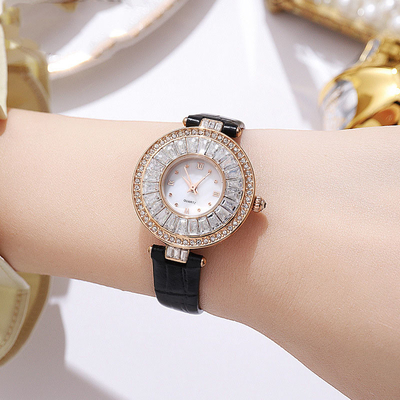 Prenda impermeable de lujo casual del reloj del cuero del cuarzo del reloj del caso redondo para la señora