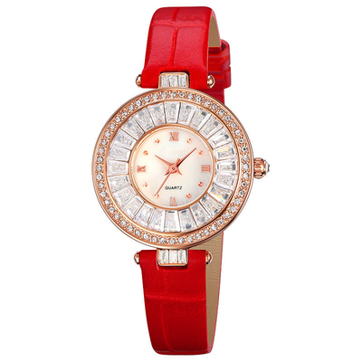 Prenda impermeable de lujo casual del reloj del cuero del cuarzo del reloj del caso redondo para la señora