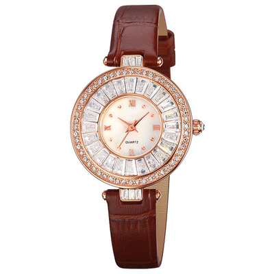 Prenda impermeable de lujo casual del reloj del cuero del cuarzo del reloj del caso redondo para la señora