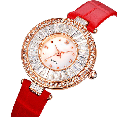 Prenda impermeable de lujo casual del reloj del cuero del cuarzo del reloj del caso redondo para la señora