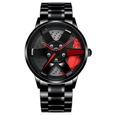 Competir con el reloj del cuarzo de la correa de la aleación de los hombres del reloj del disco del hueco del diseño de la rueda