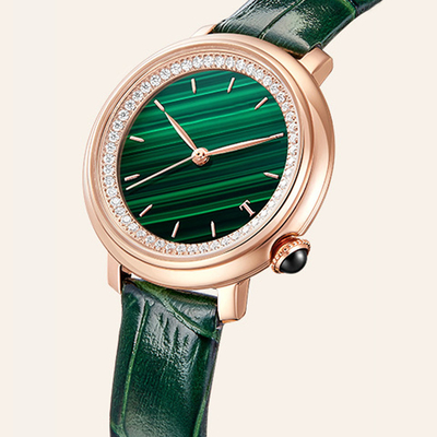 Correa de cuero de cristal mineral del reloj del cuarzo de las mujeres de SS316L