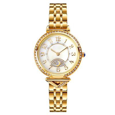 Banda de acero de la luna de la estrella de Diamond Ladies Quartz Watch Dia 26.5m m del dial del vintage